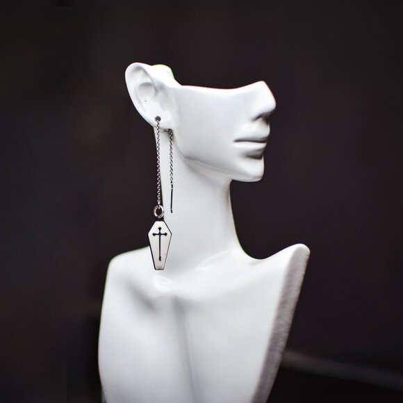 Handmade Feminine Gothic Coffin Threader Earrings - Picture 3 of 5